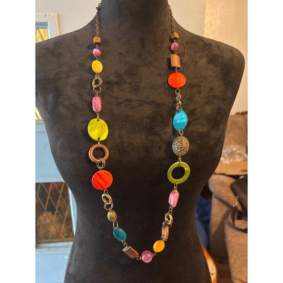 Boho Artisian Statement Necklace Mixed Beads, Metal Accents Handcrafted Unique - Picture 1 of 8
